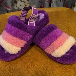 UGG Fuzzy Striped Slippers in Purple and Pink